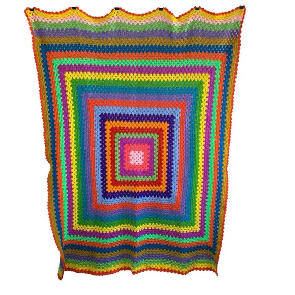 Vintage Granny Afghan Throw Blanket Colorful Hand Knit 57” X 67” Rainbow Dorm - Picture 7 of 7
